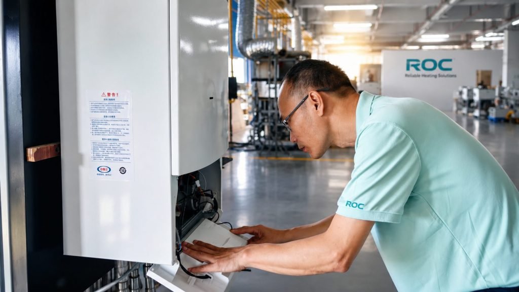 ROC technician performing wall hung boiler troubleshooting and technical inspection in the workshop
